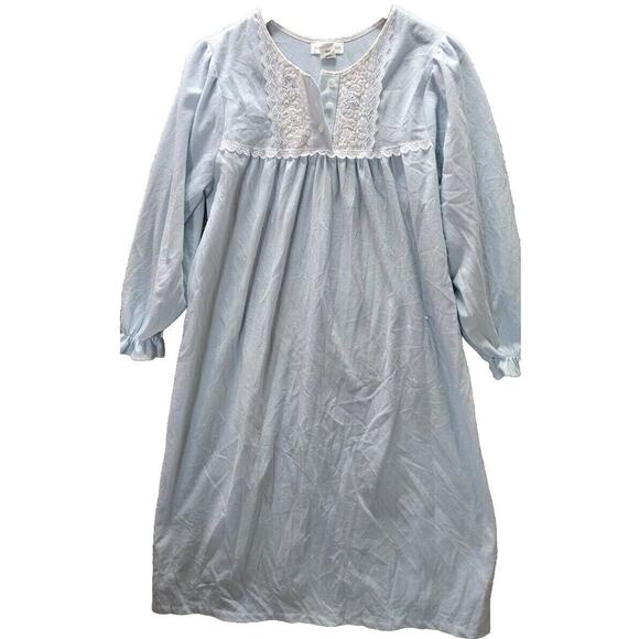 Vintage SEARS Petite Nightgown Blue Light Flannel Lace Embroidery Bodice Pet Med - Picture 1 of 3